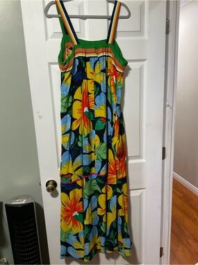 Anthropologie Green Tropical Floral Maxi Dress with Yellow & Blue Accents